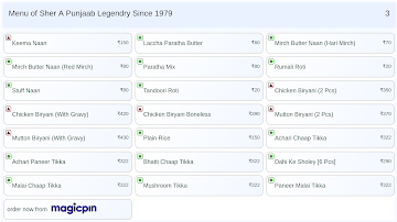 Sher A Punjaab Legendry Since 1979 menu 