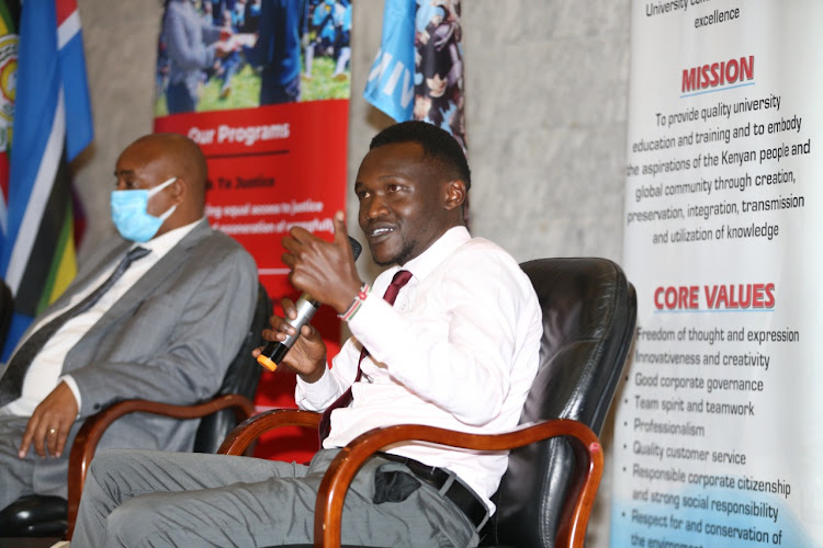 Felix Kemboi representing university students during a panel discussion at the University of Nairobi towers on Tuesday October 19.