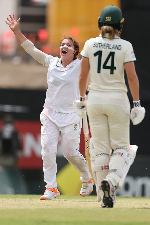 Nadine de Klerk took two wickets but Annebel Sutherland's 210, has Australia firmly in the driver's seat in the one-off Test in Perth.