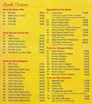 Sri Balaji menu 