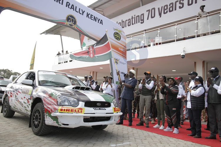 President William Ruto flags off the 2023 WRC Safari Rally in Naivasha on June 21, 2023.