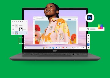 Et bilde av en kvinne i en rosa skjorte med blomster, som redigeres i Photoshop på en Chromebook.