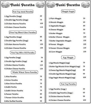 Funky Paratha menu 