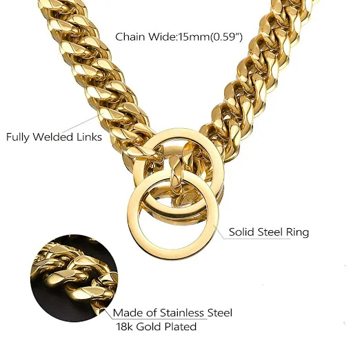 45cm Metal Dog Collar Fully Welded 18K Gold Heavy Duty Choke Cuban Dog Chain Strong Stainless Steel Chain Training Pet C