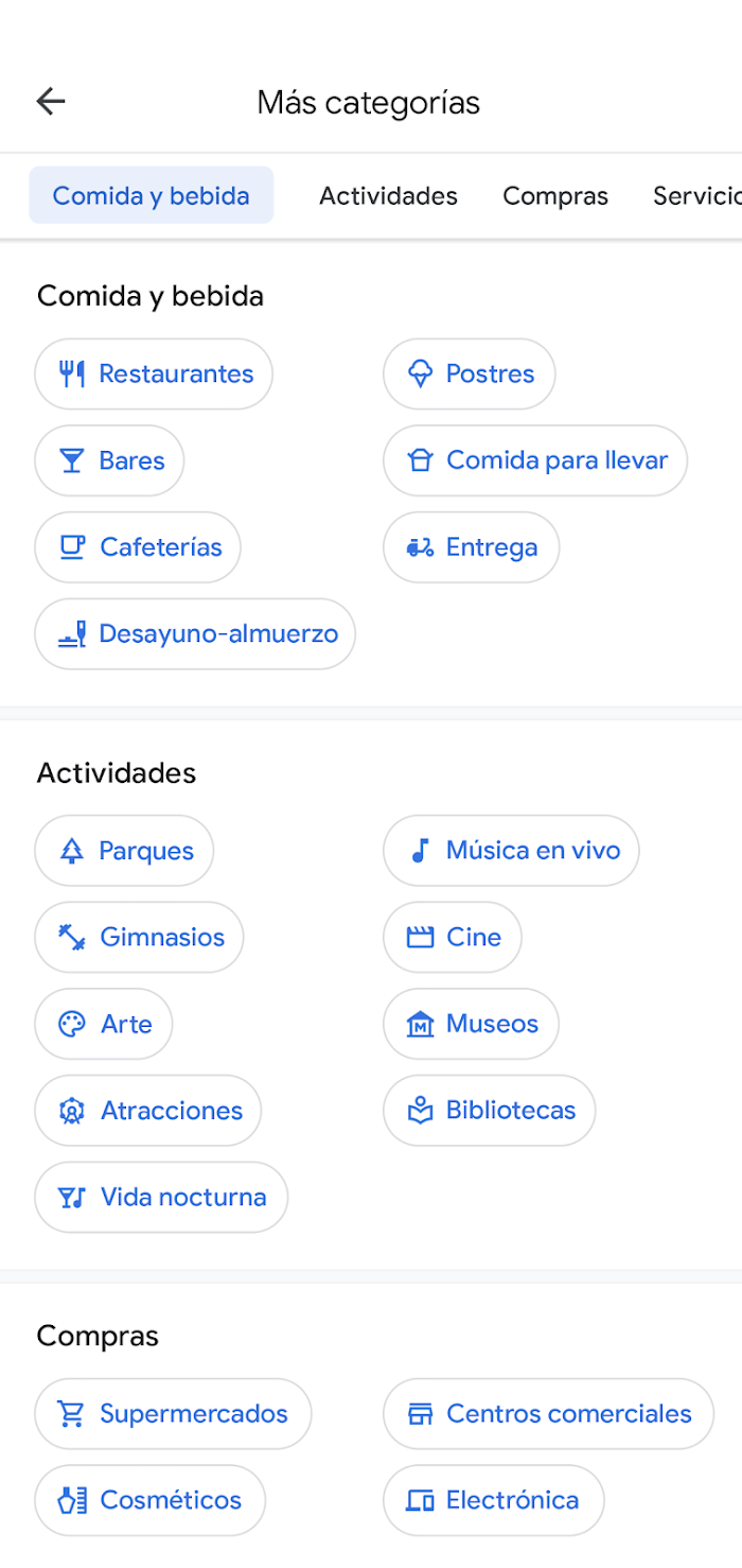 La app de Google Maps muestra el título de página "Más categorías". Incluye categorías como Comidas y bebidas, Actividades y Compras, con subcategorías para seleccionar en cada una. 