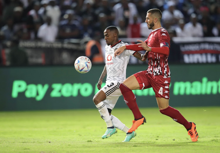 Thembinkosi Lorch of Orlando Pirates challenged by Daniel Cardoso of Sekhukhune United during the Nedbank Cup final in May 2023