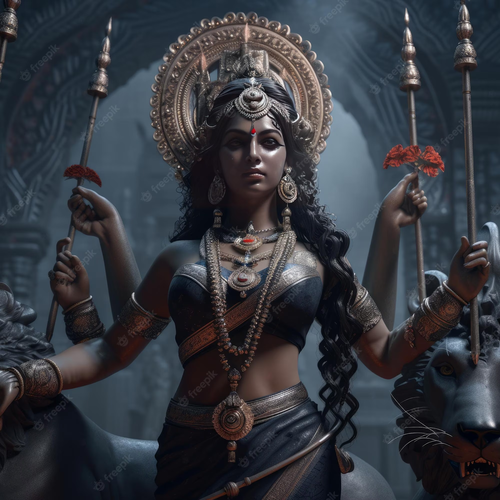 Kali is presented here with multiple arms, three of which are holding tridents. She is dressed in a brown sari, with her mocha skin gleaming against the gold jewelry adorning her arms, neck, and head. 