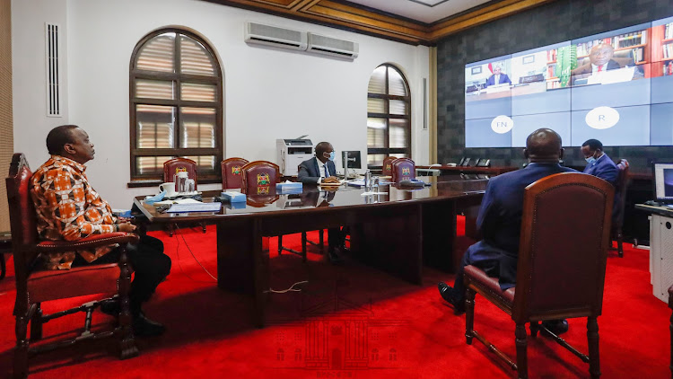 President Uhuru Kenyatta during a virtual meeting of the African Union Bureau of the Assembly with the Chairpersons of the Regional Economic Communities at State House on Thursday, April 30, 2020.