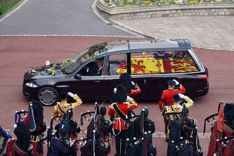 The coffin of Queen Elizabeth II arrives at Windsor Castle for the Committal Service held on September 19 2022 in St George's Chapel. Picture: Christian Sinibaldi - WPA Pool/Getty Images