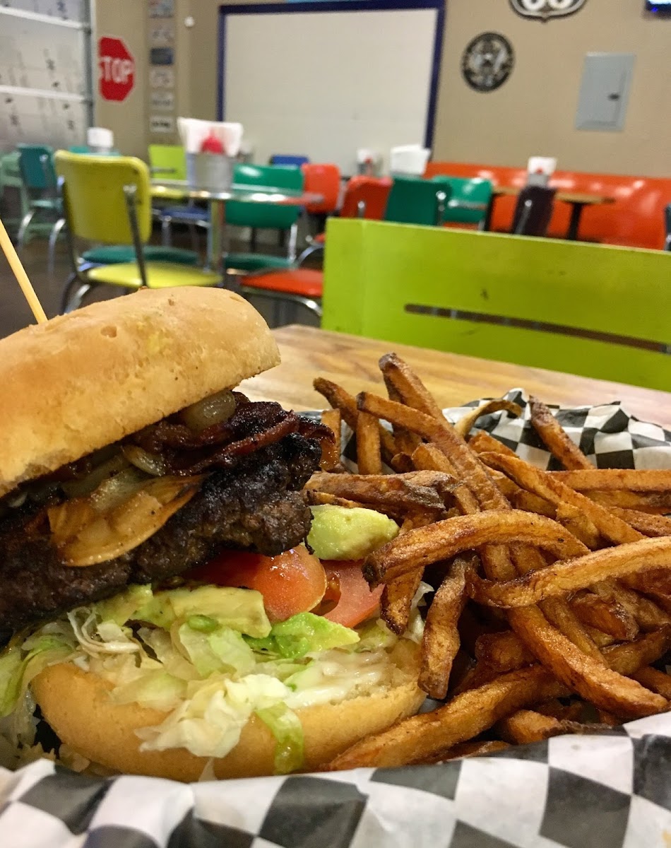 1/2 lb burger on the gluten free bun with fresh cut fries!