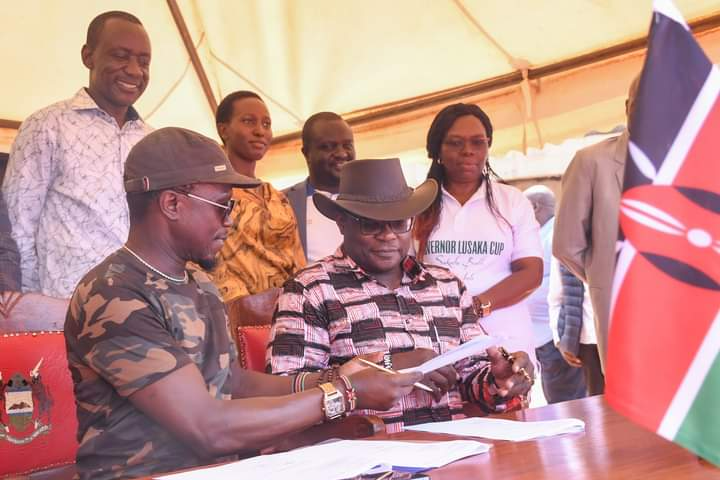 Bungoma governor Kenneth Lusaka and Sports CS Ababu Namwamba during the MOU signing at Masinde Muliro stadium on February,16,20204.