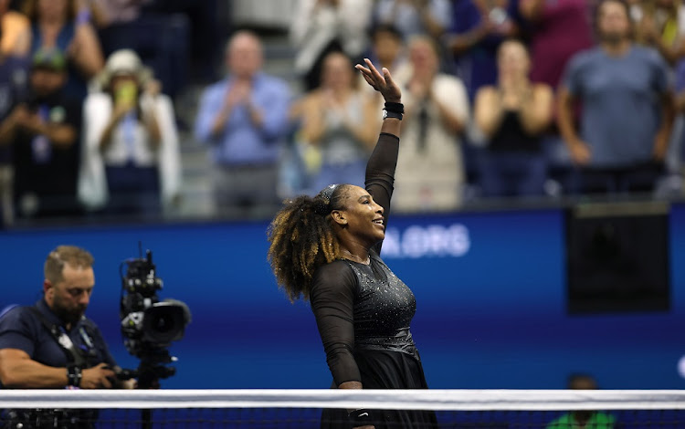 Serena Williams of the US celebrates against Danka Kovinic of Montenegro in their first round match on day one of the 2022 US Open at Billie Jean King National Tennis Center on August 29 2022.