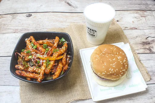 Aloo Tikki Burger With Chilli Potato And Vanilla Shake