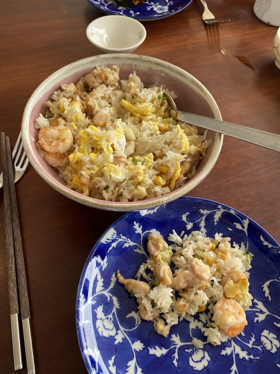 House combo fried rice, shrimp and chicken.