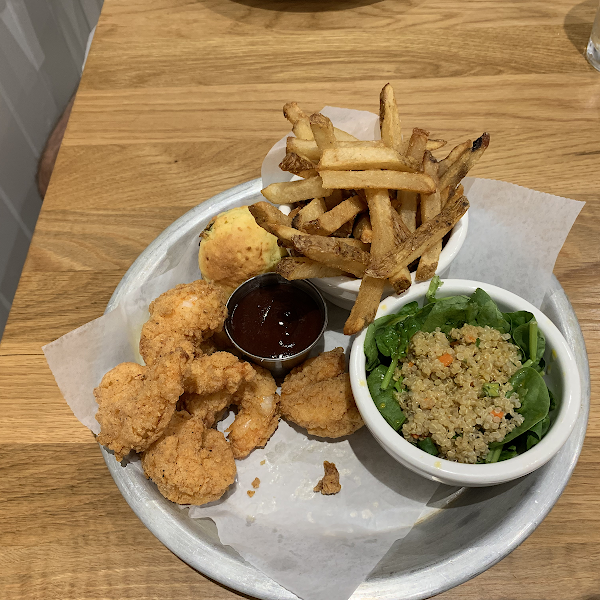 Fried Shrimp, Jalapeño Cornbread, French Fries and Quinoa Salad- YUM.