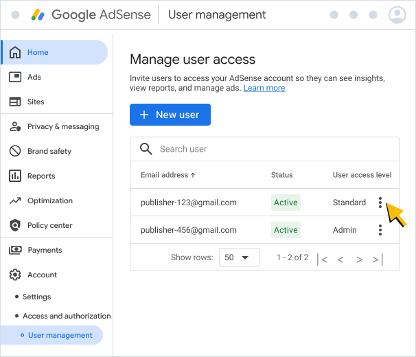 Example of removing a user from an AdSense account