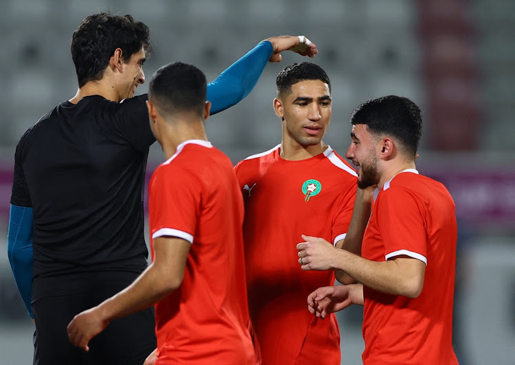 Morocco's Achraf Hakimi and teammates during training at Al Duhail SC Stadium in Doha, Qatar, on December 5 2022. Picture: REUTERS/IBRAHEEM AL OMARI