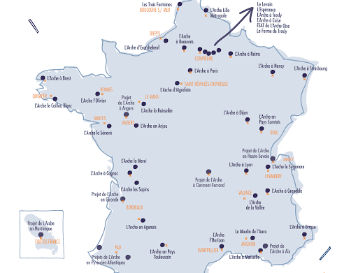 Carte des communautés de L'Arche en France