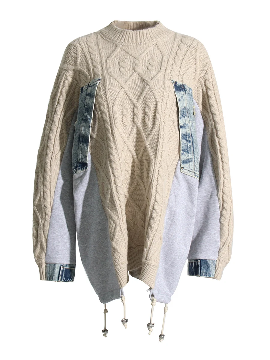 Women's Fashion Simple Denim Stitching Sweater for everyday wear. A comfortable and versatile top with a classic design,