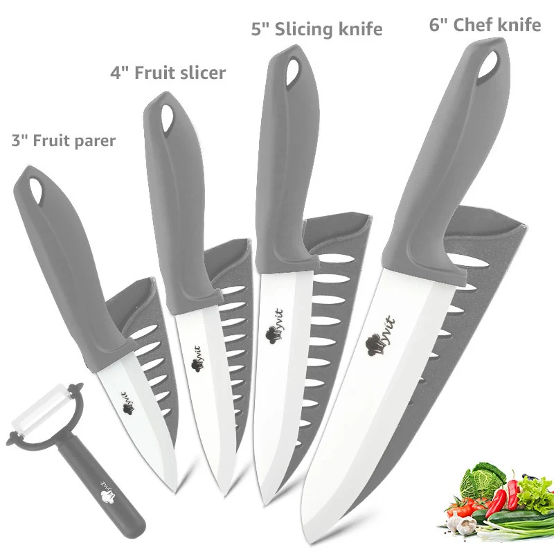5-teiliges Keramikmesser-Set mit weißen Zirkoniumklingen. Standfunktion. Für präzises, scharfes und langlebiges Schneiden in der Küche.