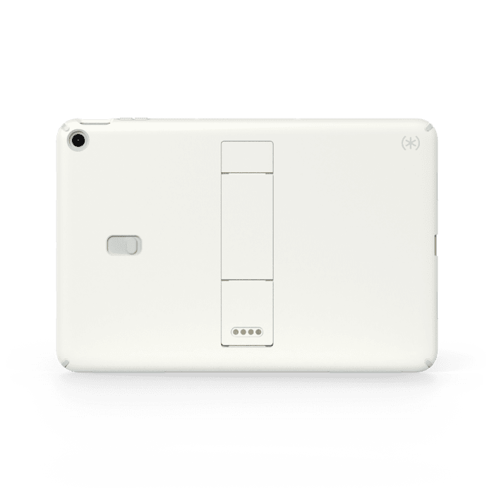 Frontansicht der Rückseite der Speck StandyShell-Schutzhülle für Google Pixel Tablet in Off White/Serene Silver/Serene Silver, mit Halterung in geschlossener Position