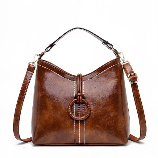 Title 1, Fashionable oil wax leather bucket bag. Stylish...