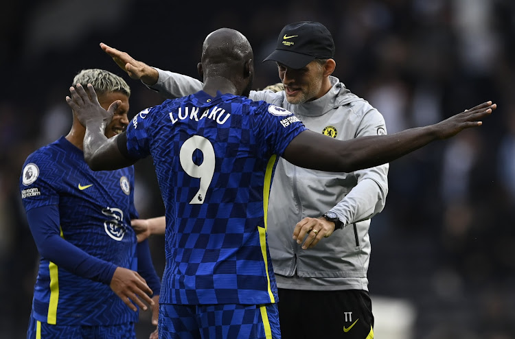 Chelsea manager Thomas Tuchel and Romelu Lukaku celebrate after the match.