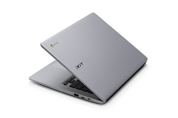 Vue aérienne de l'arrière d'un Chromebook Acer 314 légèrement ouvert.