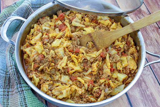 Unstuffed cabbage rolls in a skillet ready to be served.