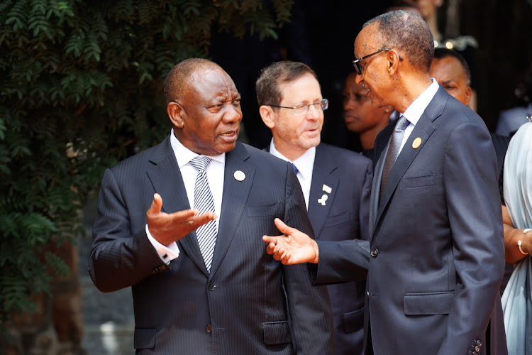 South African President Cyril Ramaphosa and Rwandan President Paul Kagame are seen before the start of 100 days of remembrance as Rwanda commemorates the 30th anniversary of the Tutsi genocide on April 7, 2024 in Kigali, Rwanda.