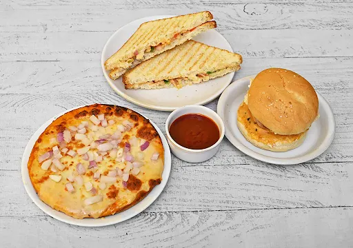 Single Topping Pizza [7 Inches] With Aloo Tikki Burger And Veg Grilled Sandwich