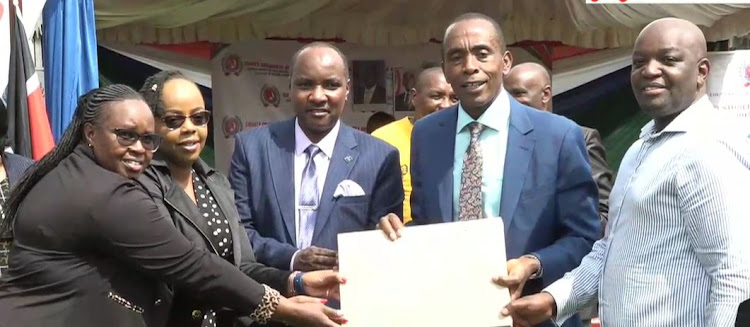 Kiambu governor Kimani Wamatangi during the launch of the second issuance of bursary forms valued at Sh100m at his office. He used the event to explain how cartels had frustrated him in his first eight months in office