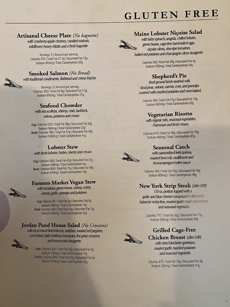 Gluten free menu