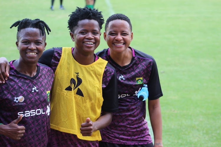 Banyana Banyana players (from left) Mamello Makhabane, Lebohang Ramalepe and Refiloe Jane as they prepared for the Afcon qualifier against Algeria.