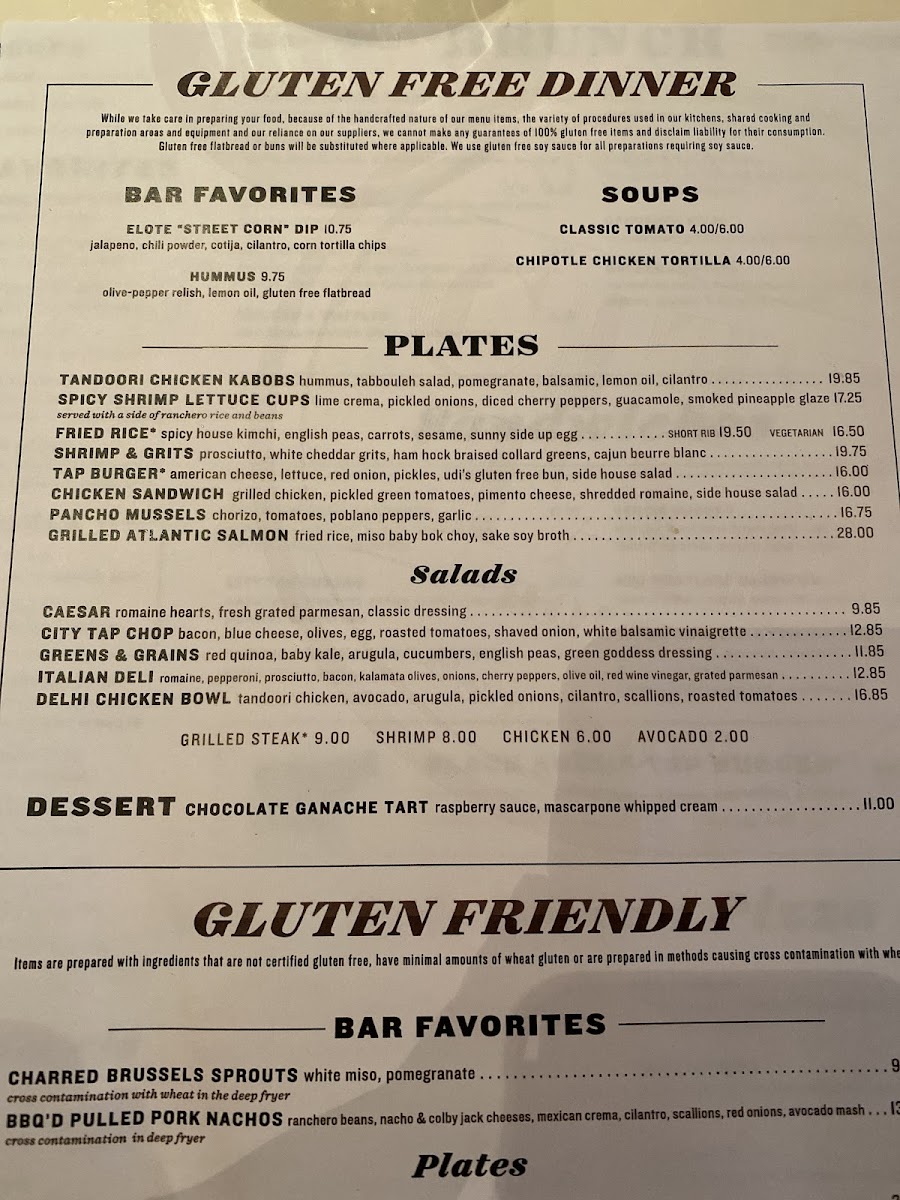 City Tap House Penn Quarter gluten-free menu