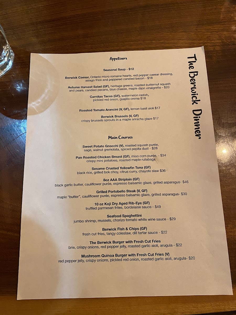 The Berwick Bistro and Lounge gluten-free menu