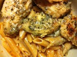 Garlic Pesto Chicken with Tomato Cream Penne was pinched from <a href="http://cdargis.tumblr.com/post/18818836004/garlic-pesto-chicken-with-tomato-cream-penne" target="_blank">cdargis.tumblr.com.</a>