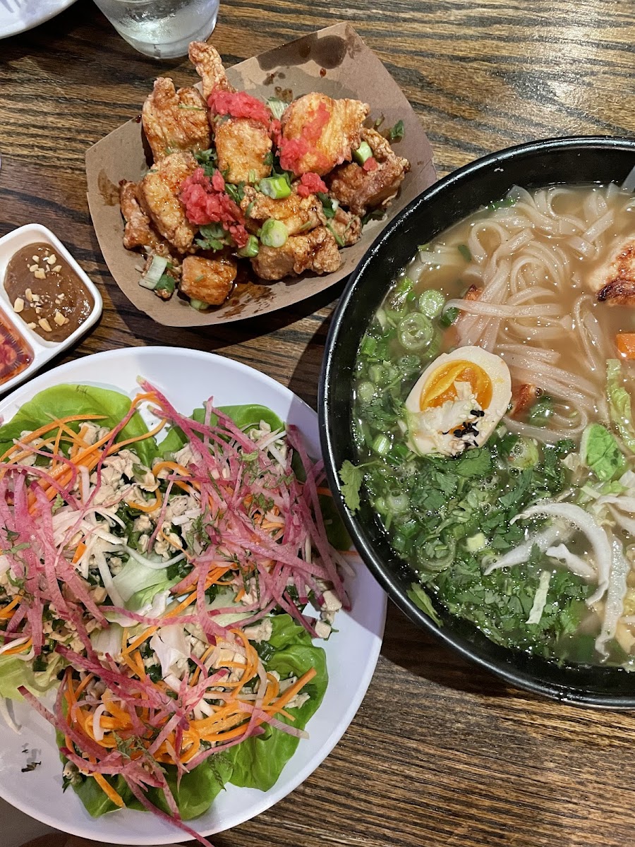 Chicken noodle ramen, chicken nuggets, and lettuce wraps