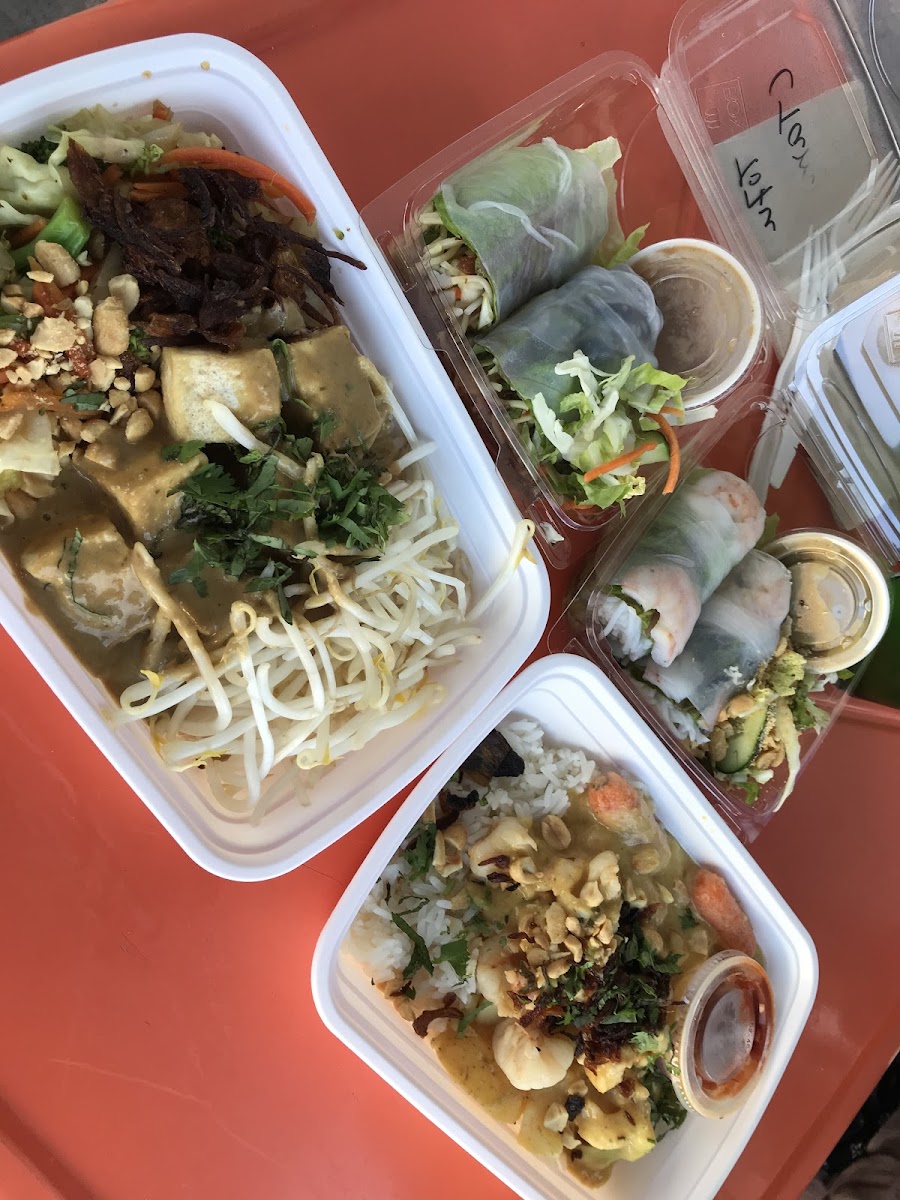 Tofu with peanut sauce, shrimp curry, tofu and shrimp spring rolls