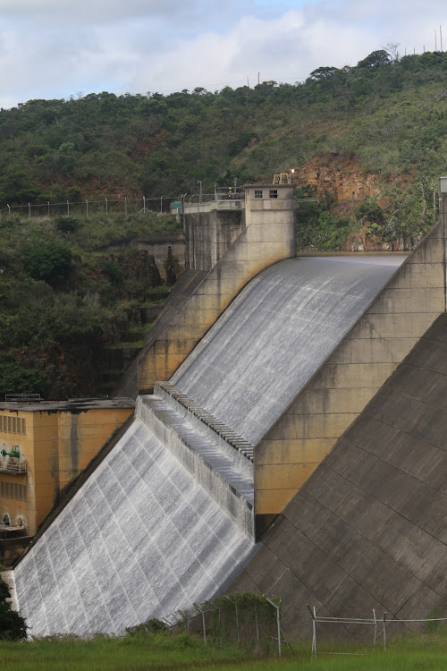 Water spills steadily down the Nahoon Dam wall.