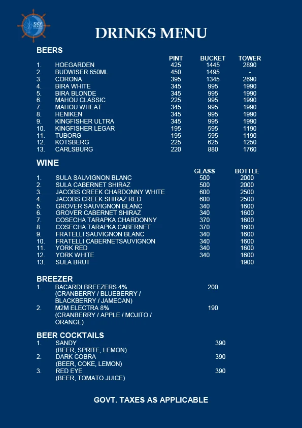 Sky Beach menu 