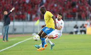 Mamelodi Sundowns midfielder Aubrey Modiba challenged by Yahya Jabrane of Wydad during their Caf Champions League semifinal, first leg match at Mohammed V Stadium in Casablanca, Morocco on 13 May 2023.