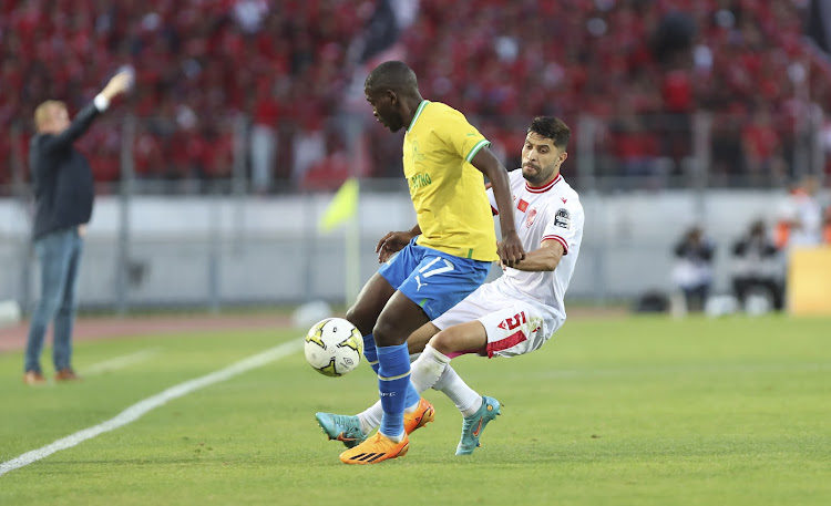 Mamelodi Sundowns midfielder Aubrey Modiba challenged by Yahya Jabrane of Wydad during their Caf Champions League semifinal first leg match at Mohammed V Stadium in Casablanca, Morocco, on May 13 2023.