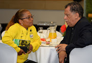 Banyana Banyana head coach Desiree Ellis in a discussion with the SA Football Association president Danny Jordaan.  