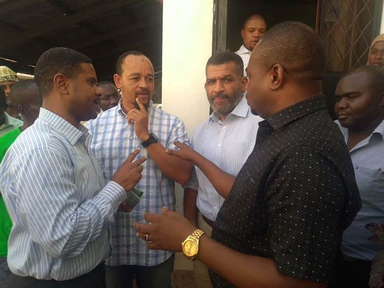 Haki Africa executive director Hussein Khalid and MPs Khatib Mwashetani (Lunga Lunga), Abdulswamad Nassir (Mvita) and Badi Twalib (Jomvu) at the Haki Africa offices in Mombasa on Monday.