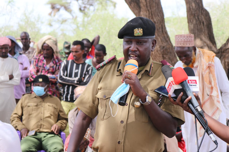 Eldas deputy county commissioner Vincent Lomachar speaking in Basir town during a peace meeting on Saturday, December 25.