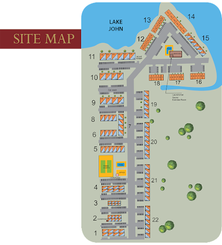 Illustrated map of an apartment complex with labeled buildings, parking spaces, a pool, and nearby Lake John.