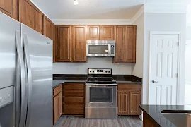 Kitchen with dark wood cabinets, stainless steel appliances, black stone inspired countertops, and dark wood inspired floors