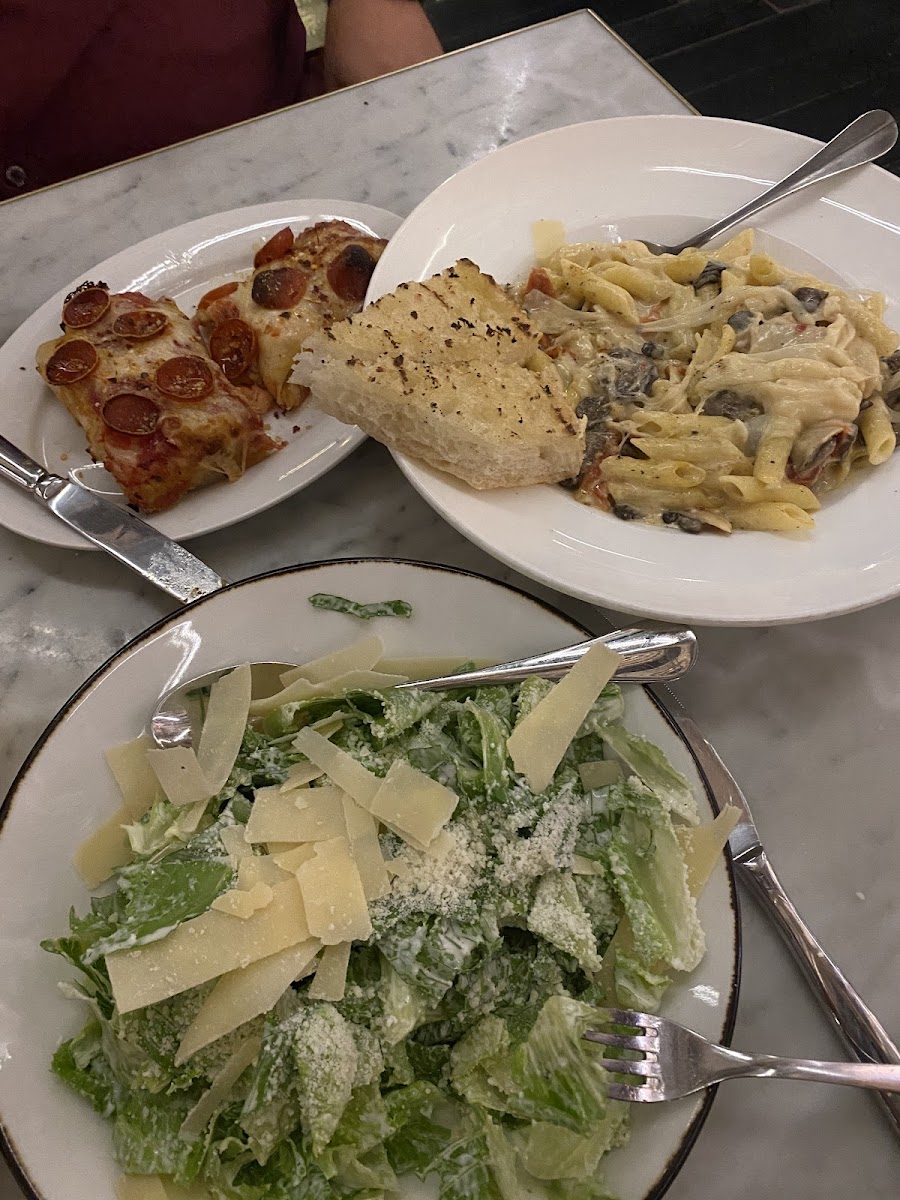 Salad, big apple pizza, chicken alfredo! All winners.