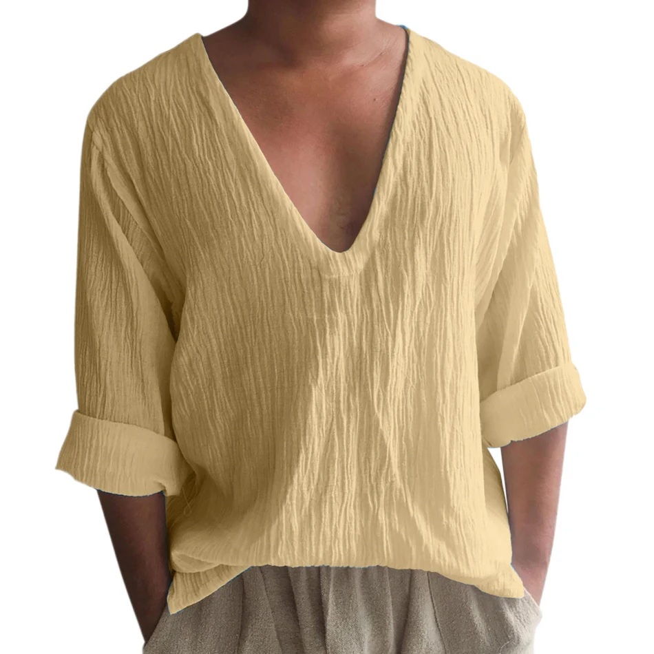Men's Long Sleeve Solid Color and V-neck Washed Cotton T-shirt. Comfortable, versatile, and perfect for casual everyday 
